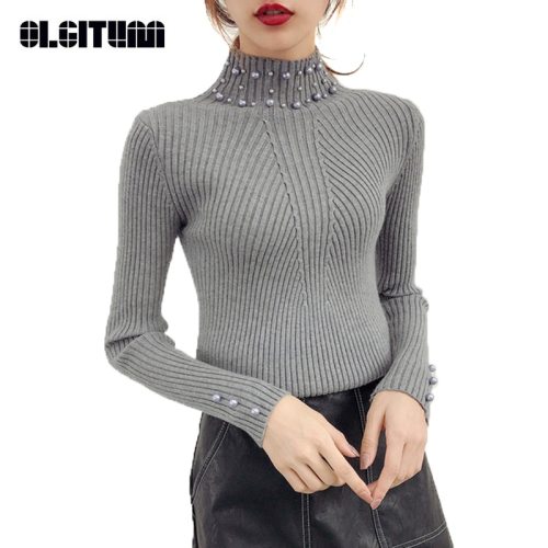 New 2018 Autumn and Winter Women Pearl Beaded Sweater O-Neck Long Sleeve Slim Women Knit Sweater and Pullover SW854