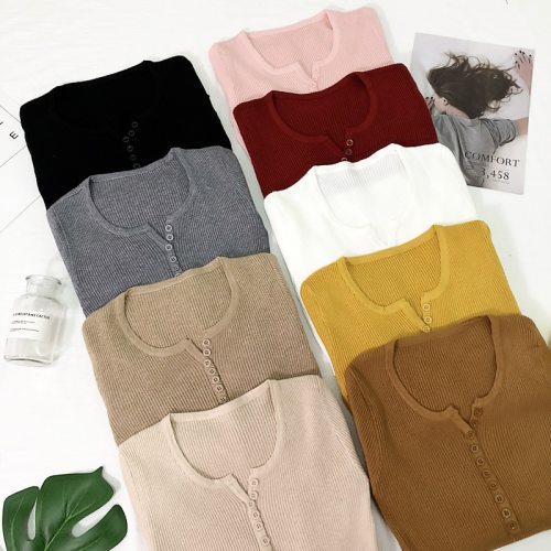 New 2019 Spring Button V Neck Sweater Women Basic Slim Knitted Pullover Women Sweaters And Pullovers Knit Jumper Ladies Sweater