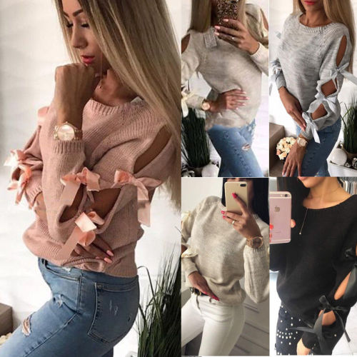 New Autumn Bow Hollow Out Stylish Womens Winter Long Sleeve Sweater Ladies Warm Sweater Jumper Pullover Tops Knitwear HOT