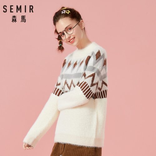 SEMIR Women Fair Isle Fluffy Jacquard-knit Sweater Pullover Sweater Ribbing at Crewneck Cuff and Hem in Cozy Style for Winter