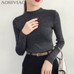 Shiny Lurex Autumn Winter Sweater Women Long Sleeve Pullover Women Basic Sweaters Turtleneck 2019 Korean Style Knit Tops Femme