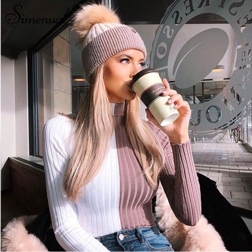 Simenual Patchwork women's turtleneck sweaters and pullovers autumn knitting clothes skinny sexy cropped lady's sweater hot sale