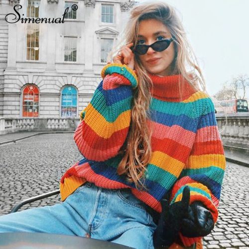 Simenual Rainbow turtleneck sweaters women winter 2018 jumpers knitted clothes fashion striped oversized pullover female sale