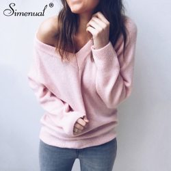 Simenual V neck women sweaters and pullovers knitted autumn winter clothing solid basic slim pullover female jumper sweater lady