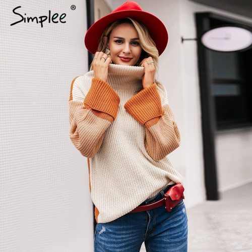 Simplee Patchwork turtleneck knitted sweaters female Casual long sleeve korean pullover jumper Women streetwear ladies sweater