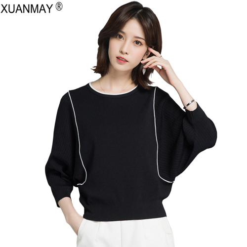 Spring Round neck Striped Knit Sweater Fashion and elegant White Sweater 2019 Brand Design black Spring Knitting Sweater woman