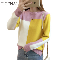 TIGENA Contrast Color Winter Sweater Women 2019 Long Sleeve Jumper Women Sweater and Pullover Knitted Sweater Female Pull Femme