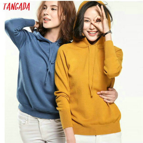 Tangada fashion woman solid hooded sweater female   long sleeve korean chic soft jumpers sweater ladies pull femme AQJ01