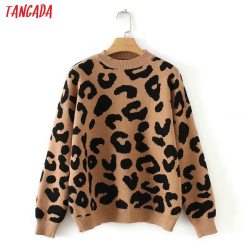 Tangada women leopard knitted sweater winter animal print winter thick long sleeve female pullovers casual tops 2X05