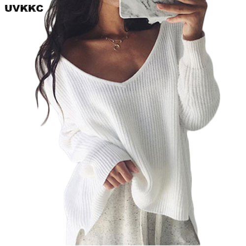 UVKKC Sexy Off Shoulder Split knitted Sweater Women Brand Black pullovers knitwear Autumn winter 2019 white Jumper Pull femme