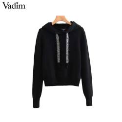 Vadim women faux diamonds beading hooded knitted sweater long sleeve stretchy solid pullovers female casual chic tops HA240