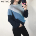 WOTWOY Autumn Winter Contrast Color Women Sweater Casual Long Sleeve Pullovers Women O-Neck Knitted Tops Women Jumper Femme Soft