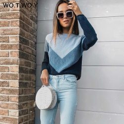 WOTWOY Autumn Winter Contrast Color Women Sweater Casual Long Sleeve Pullovers Women O-Neck Knitted Tops Women Jumper Femme Soft