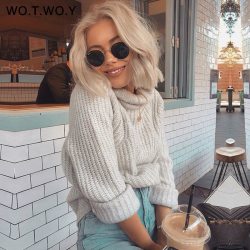 WOTWOY Autumn Winter Turtleneck Women 2018 Sweater Long Knitted Pullovers Women Loose Casual Sweaters Female Jumper Cashmere