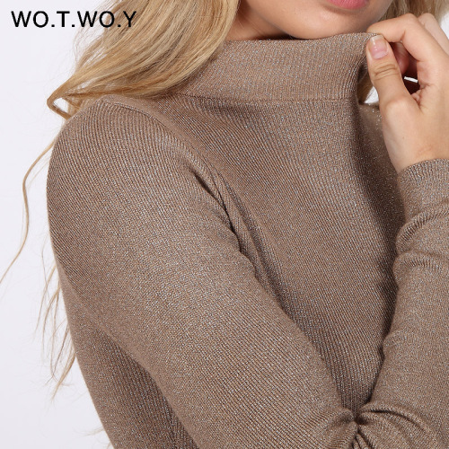 WOTWOY Shiny Lurex Turtleneck Sweater Women Pullover Knitted Slim 2019 Winter Cashmere Sweaters Womens Jumpers Basic Black Pink