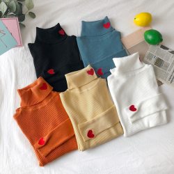 Winter Korean Women Sweater Heart Embroidery Turtleneck Long Sleeves Sweaters Women Knitted Pullovers Female Elastic Tops