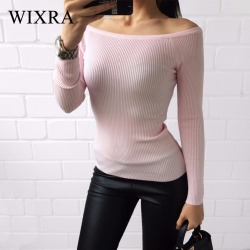 Wixra Warm and Charm Off Shoulder Knitted Sweater Women Autumn Elegant Jumper Pull Femel Winter High Stretch Knitwear Top