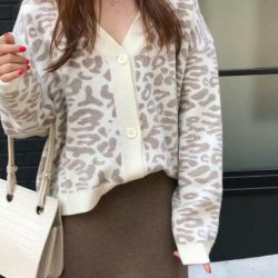 Women Autumn Winter Leopard Cardigan Sweater coat Female Long Sleeve plus size Outer Knitted tops pull Femme jersey sueter