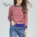 Women New vintage red leaf Jacquard  warm sweaters long sleeve o neck lurex pullovers  autumn knitted retro tops blusas C-014