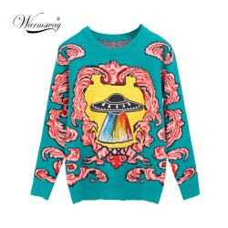 Women New vintage warm sweaters UFO Clouds Jacquard pullovers winter autumn knitted retro loose tops blusas C-012