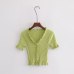 Women Ruffle Trim Crop Knit Cardigan with Short Sleeve Deep V Neck Crop Knit Tops