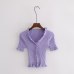 Women Ruffle Trim Crop Knit Cardigan with Short Sleeve Deep V Neck Crop Knit Tops