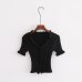 Women Ruffle Trim Crop Knit Cardigan with Short Sleeve Deep V Neck Crop Knit Tops