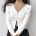 Women V Neck Knitting Ribbed Cardigan With Covered Button