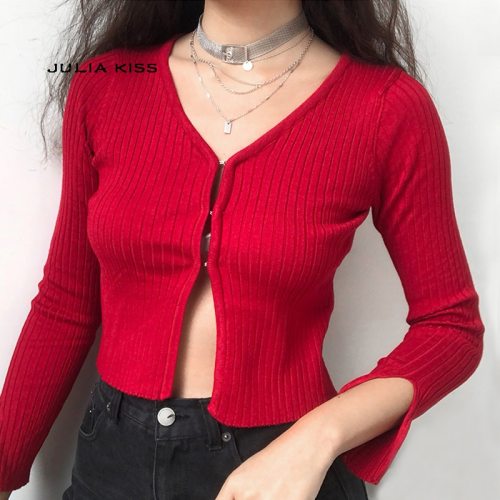 Women V Neck Knitting Ribbed Cardigan With Covered Button