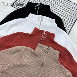 Women Zipper Turtleneck Thick Full Sleeve Autumn Sweater 2019 Winter Warm Knitted Pullovers Sweaters Solid Casual Ladies Jumper