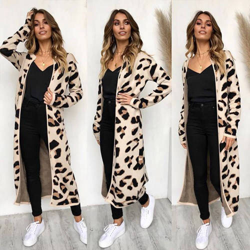 Women leopard knitted long cardigan long sleeve sweater overcoat for female women 2018 autumn new outwear coats women autumn