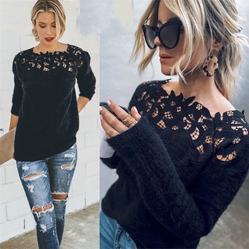 Women's Loose Knitted Pullover Jumper Sweater O Neck Long Sleeve Knitwear Top Lace Floral Collar Winter