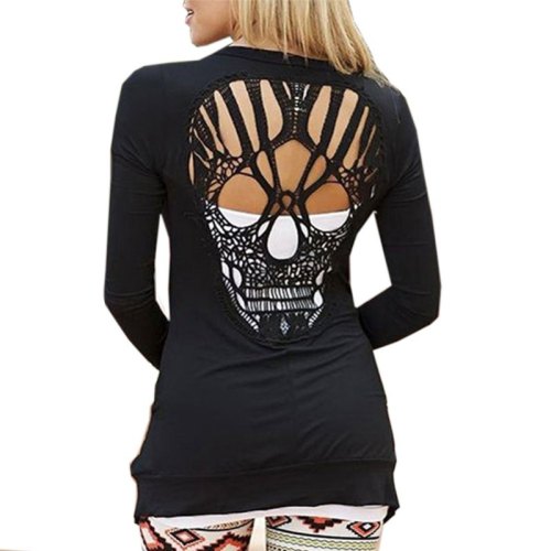 Women's Summer Autumn Black Casual Jacket Jumper Tops Long Sleeve Sexy Back Skull Cut Out Sweaters