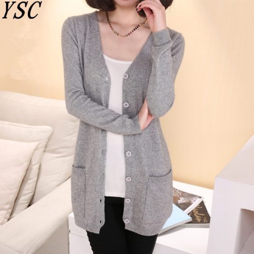 YUNSHUCLOSET Lady wool Sweater Fashion medium long Cashmere Cardigan Women loose sweater for female outerwear coat with pockets