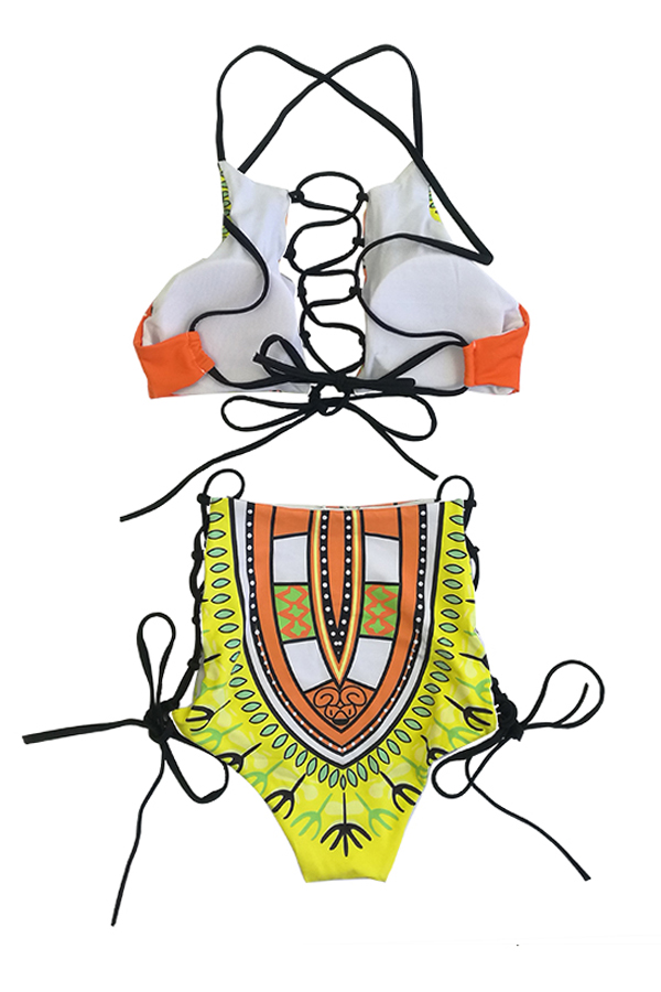  Euramerican Lace-up Hollow-out Printed Yellow Polyester Two-piece Swimwear