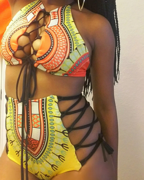 Euramerican Lace-up Hollow-out Printed Yellow Polyester Two-piece Swimwear Euramerican Lace-up Hollow-out Printed Yellow Polyester Two-piece Swimwear