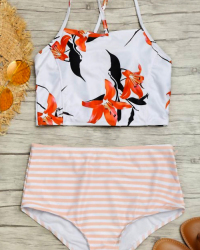  Sexy Lace-up Printed White Polyester Bikini Set(Non Positioning Printing)