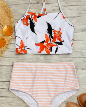  Sexy Lace-up Printed White Polyester Bikini Set(Non Positioning Printing)