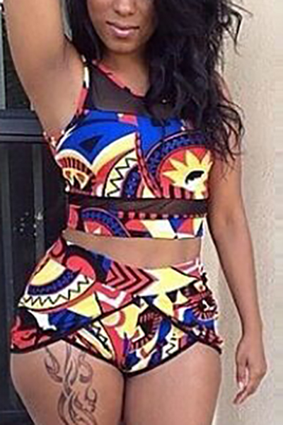Charming Round Neck Printed Polyester Two-piece Swimwear