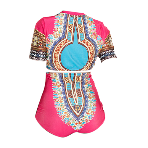 Ethnic Style Round Neck Totem Printed Pink Polyester Two-piece Swimwear