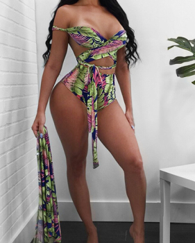 Euramerican Printed Polyester Two-piece Swimwear (With Shawl)