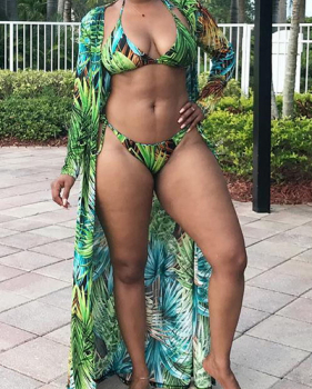 (Non Positioning Printing)Sexy Printed Lace-up Hollow-out Green Polyester Two-piece Swimwear(With Cover-up)