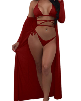 Sexy Lace-up Hollow-out Wine Red Polyester Two-piece Swimwear(With Shawl)