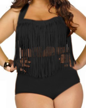 Sexy Plus Size Front Tassels Embellished Black Swimsuit Sexy Plus Size Front Tassels Embellished Black Swimsuit