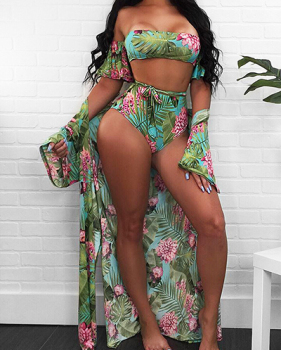 Sexy Printed Cyan Polyester Two-piece Swimwear(Contain Shawl)