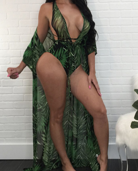 Sexy Printed Hollow-out Dark Green Polyester Two-piece Swimwear(With Shawl)