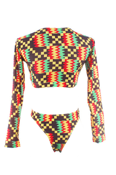 Sexy Round Neck Long Sleeves Patchwork Red Polyester Two-piece Swimwear