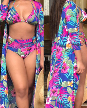 Trendy Printed Hollow-out Milk Fiber Two-piece Swimwear (With Shawl)