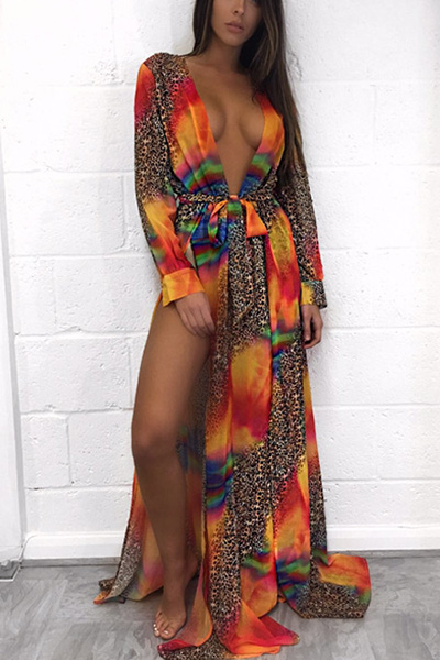 Euramerican V Neck Long Sleeves Printed Orange Polyester Cover-Ups (With Belt)