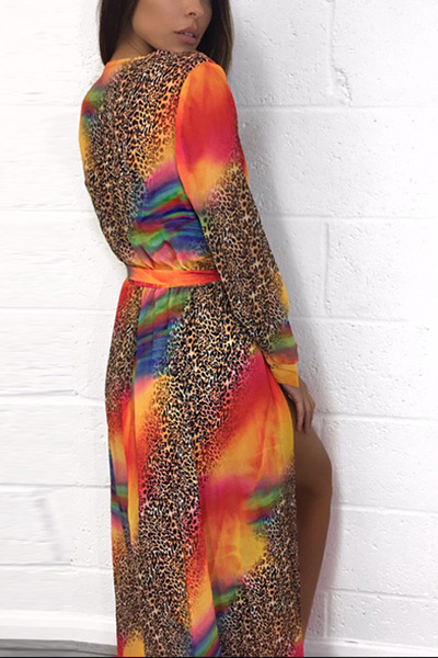 Euramerican V Neck Long Sleeves Printed Orange Polyester Cover-Ups (With Belt)